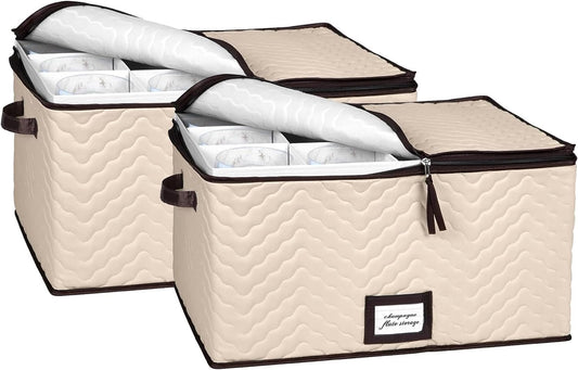 Wine Glass Storage Box with Dividers - Stemware Storage Case, Durable Quilted Microfiber Bin with Carry Handles, Protects Fine China - Durable Quilted Microfiber Bin with Carry Handles (2 Pack, Red Wine Glass)