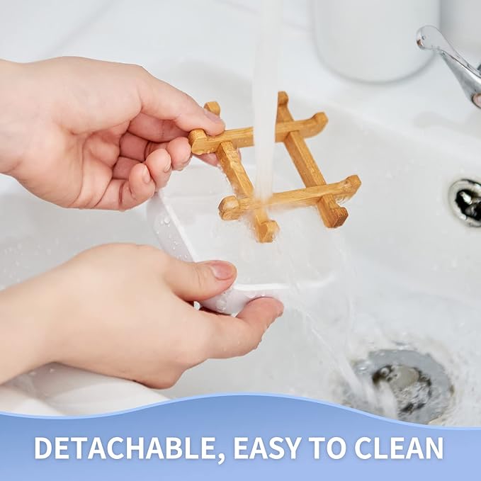 Bamboo Soap Dishes for Bar Soap Holders for Shower for Bathroom Sink Bulk Small Wooden Soap Tray Jabonera Pretty Neat Ventilated Soap Dish Disj Disk, Detachable (Single Rounded White)