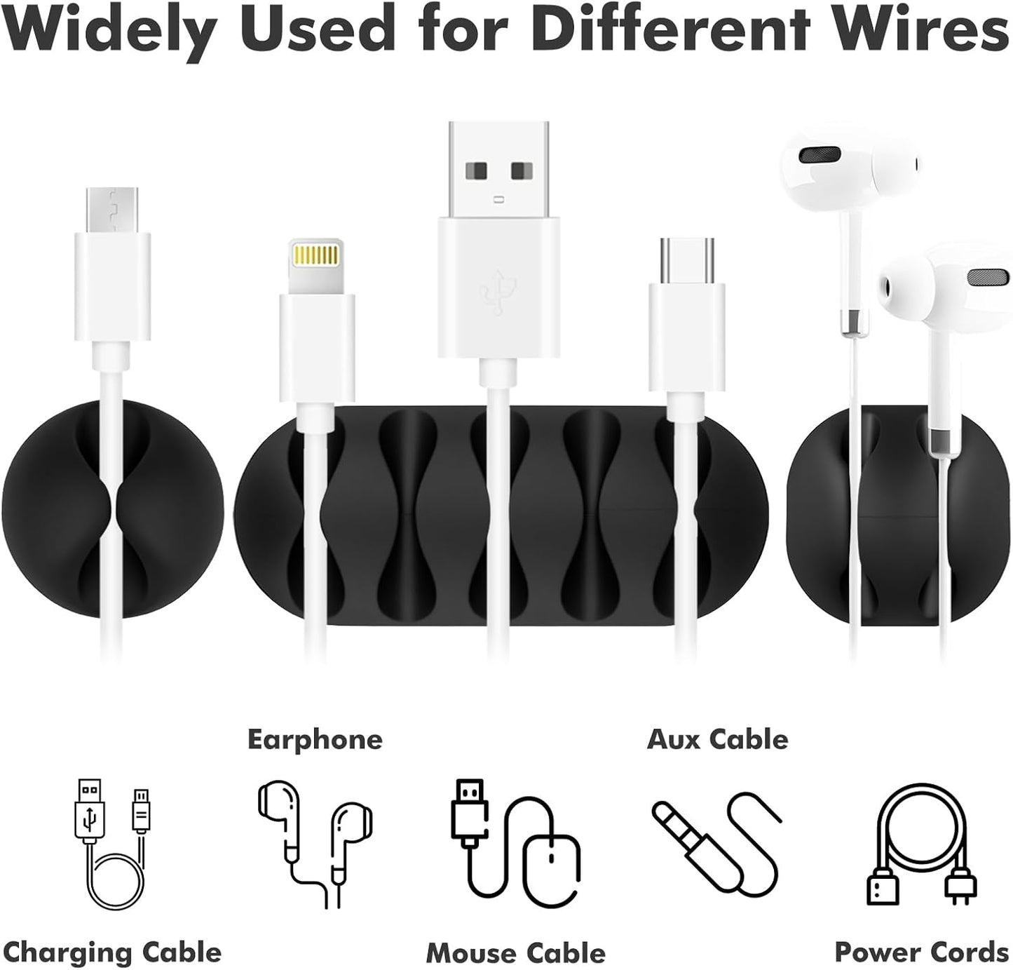 Cable Clips Cord Holder - 18 PCS Black Adhesive Phone Cord Organizer Charger Holder Cable Wire Management Clips Keeper for Nightstand, Desk, Office or Mouse