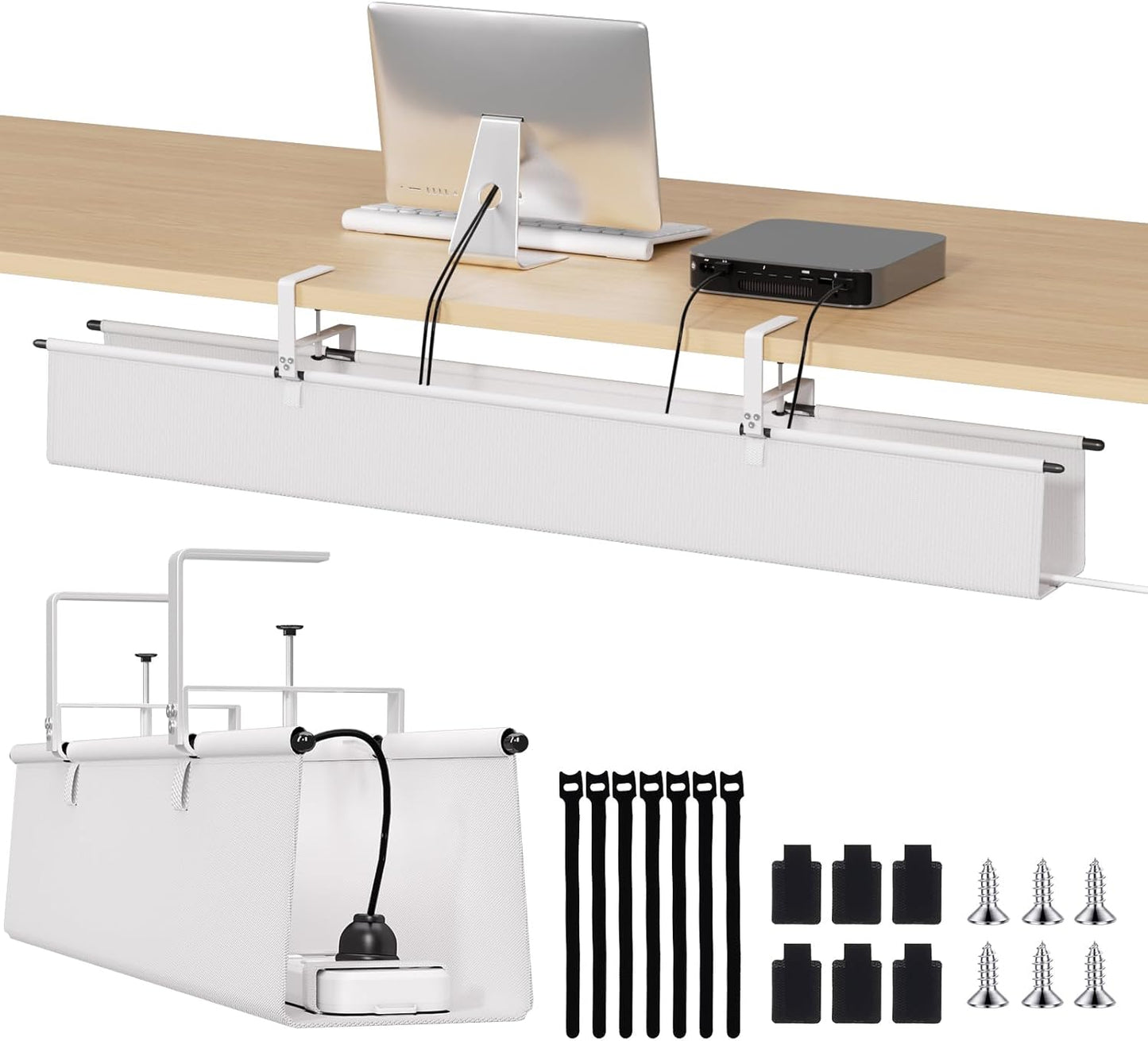 Under Desk Cable Management Tray - 48" Cord Organizer for Desk No Drill, Fabric Under Table Wire Organizer with 16X Cable Ties Hide for Office/Home, Cord Hider Fits Adapters & Sockets, White