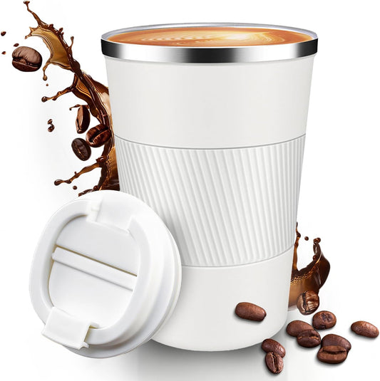 12OZ Travel Coffee Mug Insulated Coffee Cup with Spill Leak Proof Lid, Portable Stainless Steel Tumbler Reusable Hot and Cold Water Mug for Car, Daily, Camping- White