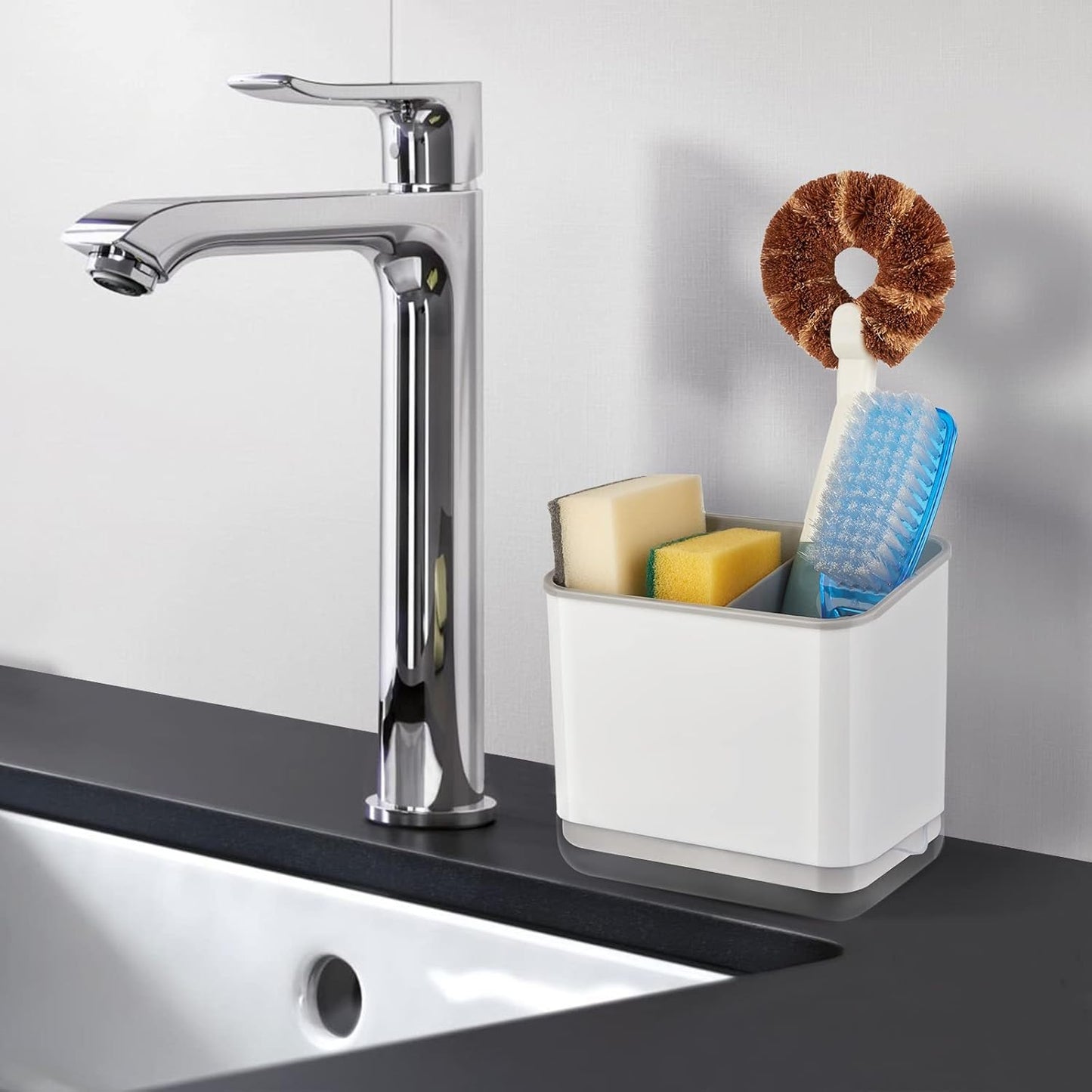 RedCall Kitchen Sink Caddy Organizer Counter,Dish Sponge Holder and Brush Holder with Drip Tray,Plastic Sinkware Caddy,Bathroom Toothbrush Holder (1 Sink Caddy)