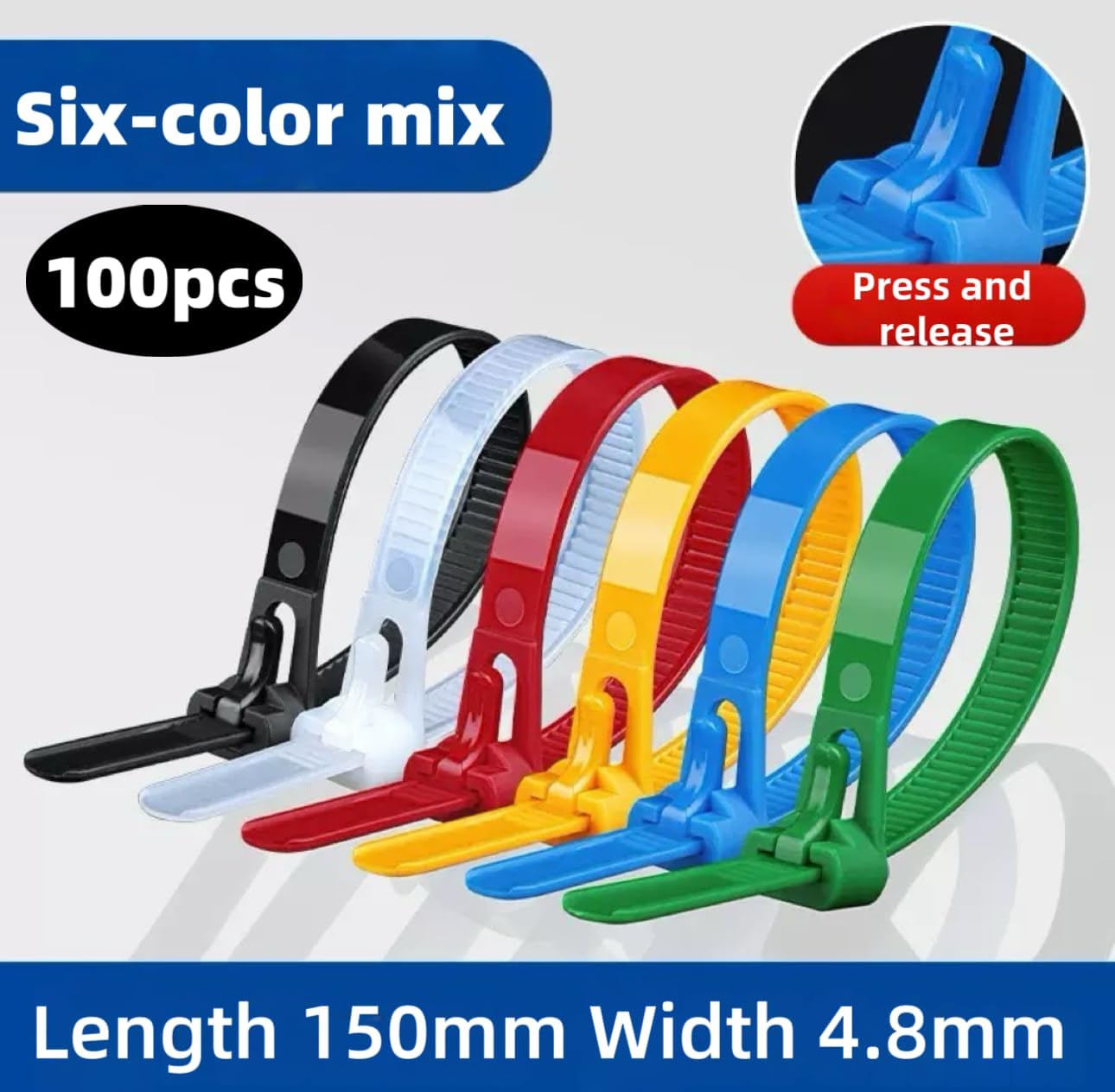 6 Inch 100 PCS Color Releasable Cable Zipper Cable Ties,Adjustable Reusable 50 Lbs Tensile Strength Nylon Cable Ties，Suitable for multi-purpose plastic cable ties in homes, offices and workshops