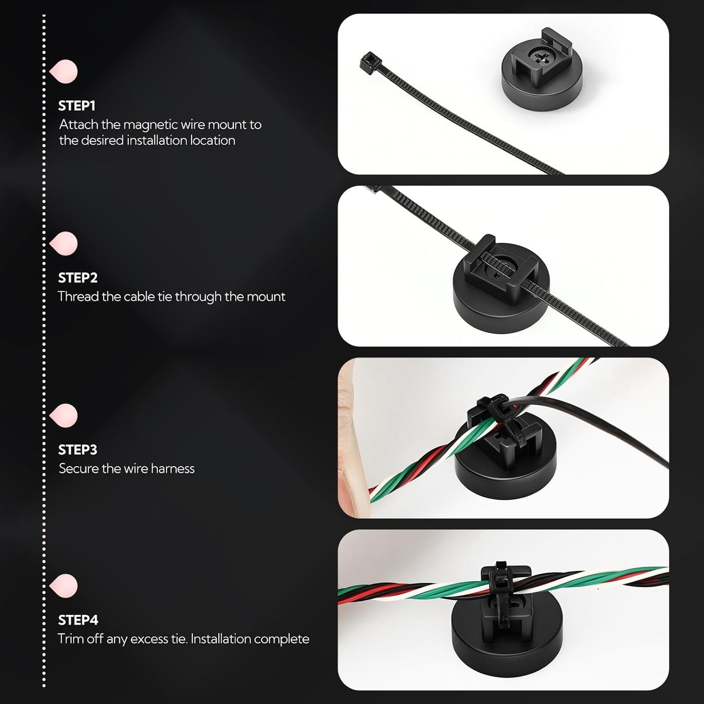 10Pcs Cable Ties Magnetic, Multipurpose Magnetic Wire Clip, Cable Wire Base with 60Pcs Releasable Cable Ties (22 x 16mm)