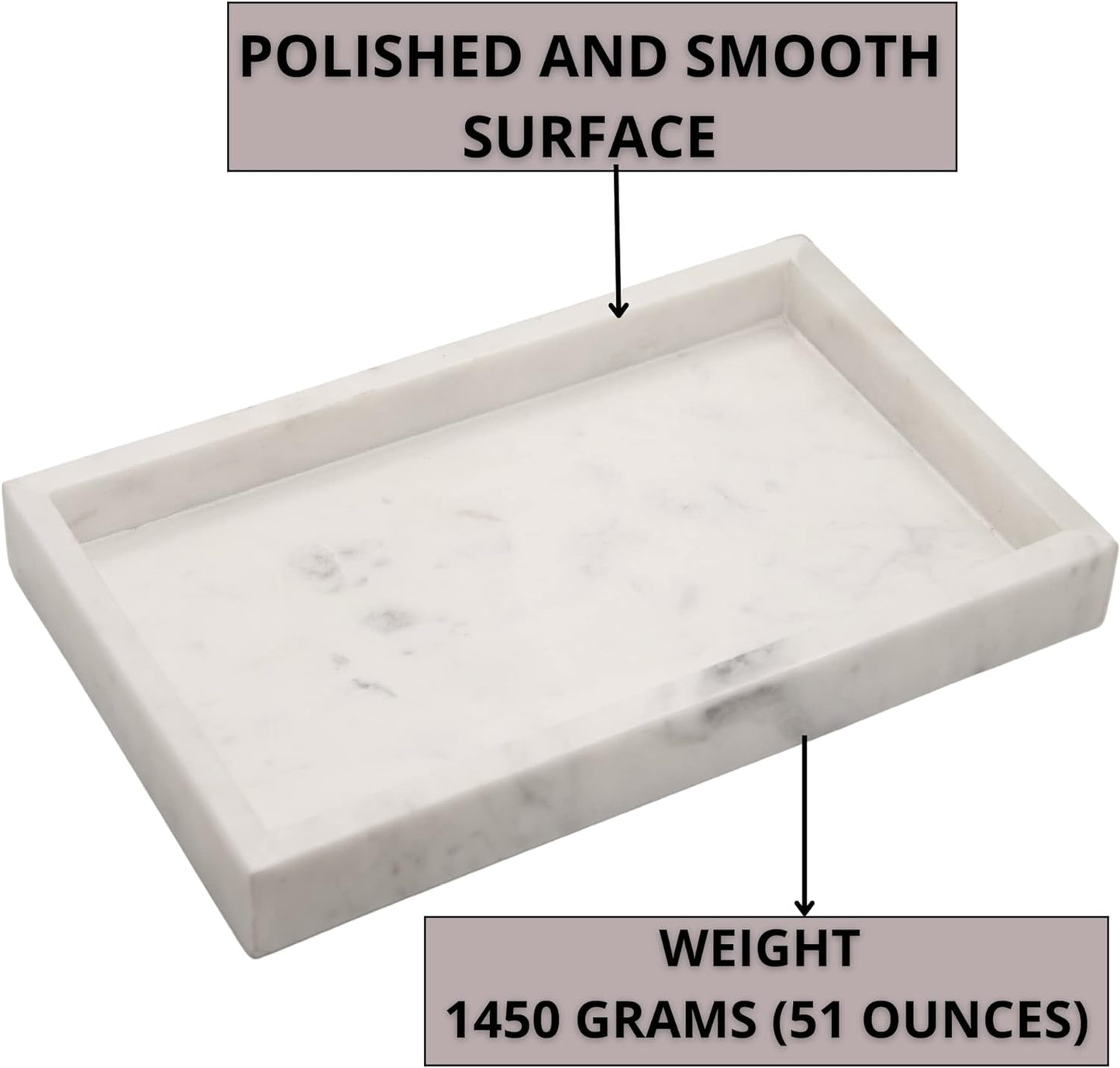 Natural White Marble Tray for Bathroom | Kitchen | Vanity | Desktop, Stone Organizer for Coffee Table, Dresser, Nightstand, Candles, Soap, Towel, Plant, Jewelry (10" x 6"), Rectangular