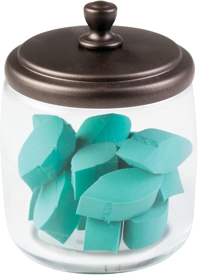 mDesign Small Apothecary Organizer Canister Jars - Glass Containers with Steel Lid for Bathroom, Organization Holder for Vanity, Counter, Hamill Collection - 2 Pack - Clear/Bronze