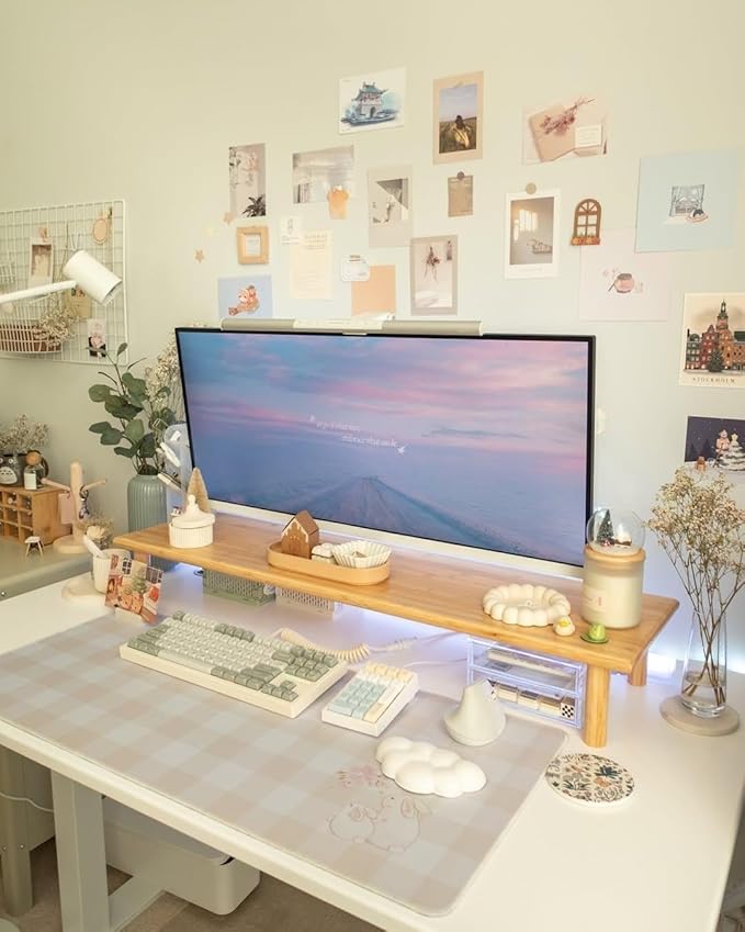 Bamboo Dual Monitor Shelf, Monitor Stand Riser with Underneath Storage for Desk Office Supplies, Supports Heavy TV up to 300 lbs, Natural