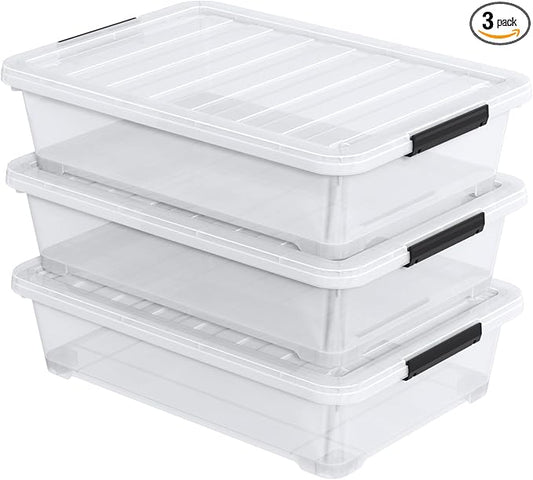 40 Quart Under Bed Plastic Storage Bins with Wheels, 3 Packs Clear Large Storage Container Box with Lids