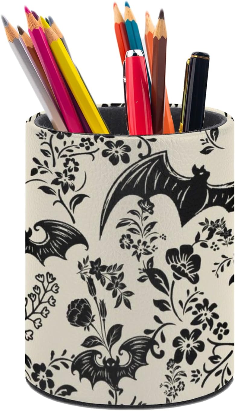 Gothic Bat Flowers Pen Holder Pencil Organizer Cute Pencil Cup Desk Decor Makeup Brush Holder PU Multifunctional Office Suppliesfor Home Classroom School