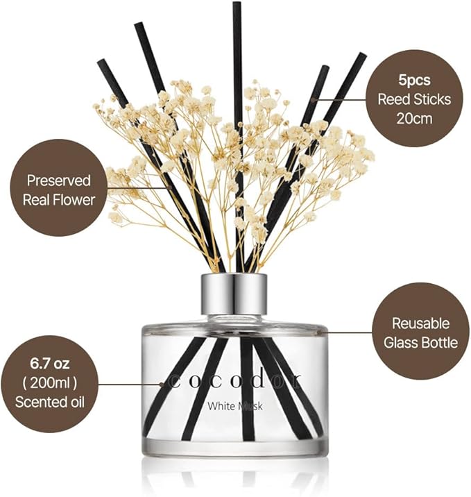 COCODOR Preserved Real Flower Reed Diffuser/Refreshing Air / 6.7oz(200ml) / 1 Pack/Reed Diffuser Set, Oil Diffuser & Reed Diffuser Sticks, Home Décor&Office Decor, Fragrance and Gifts