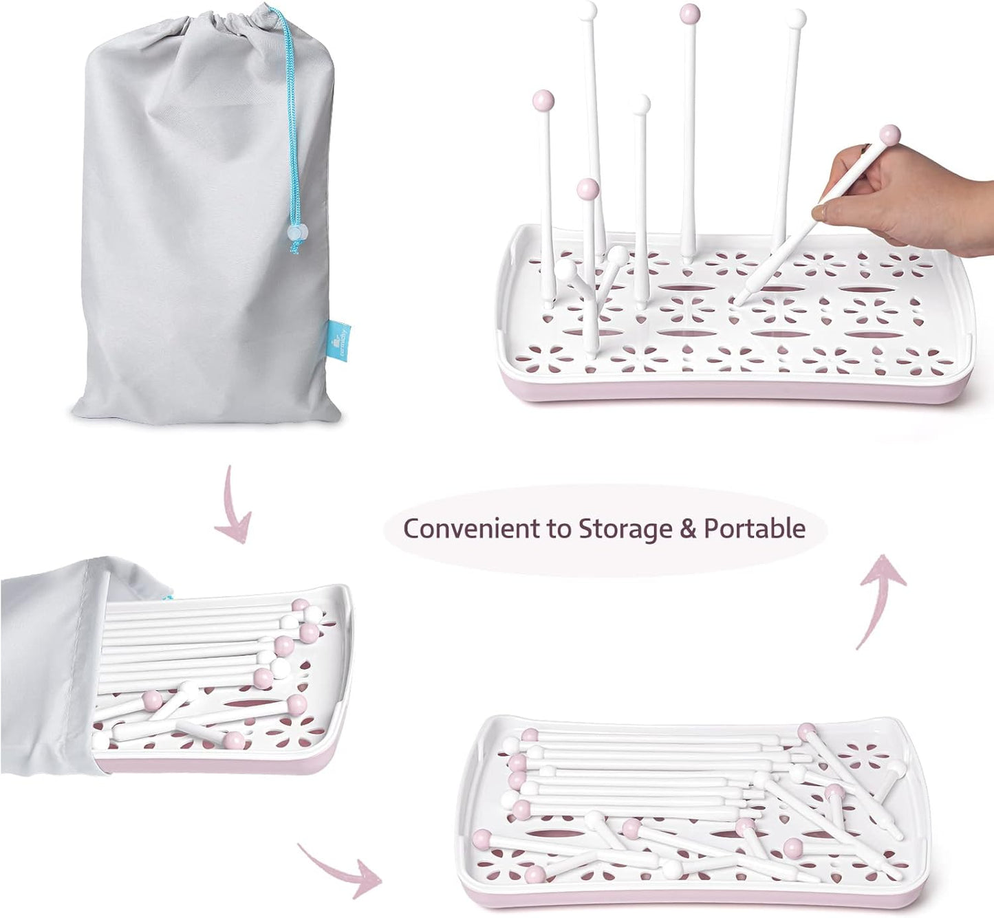 Termichy Baby Bottle Drying Rack, Large Capacity Baby Bottle Rack for Bottles, Dry Rack with Removable Water Tray(Pink)