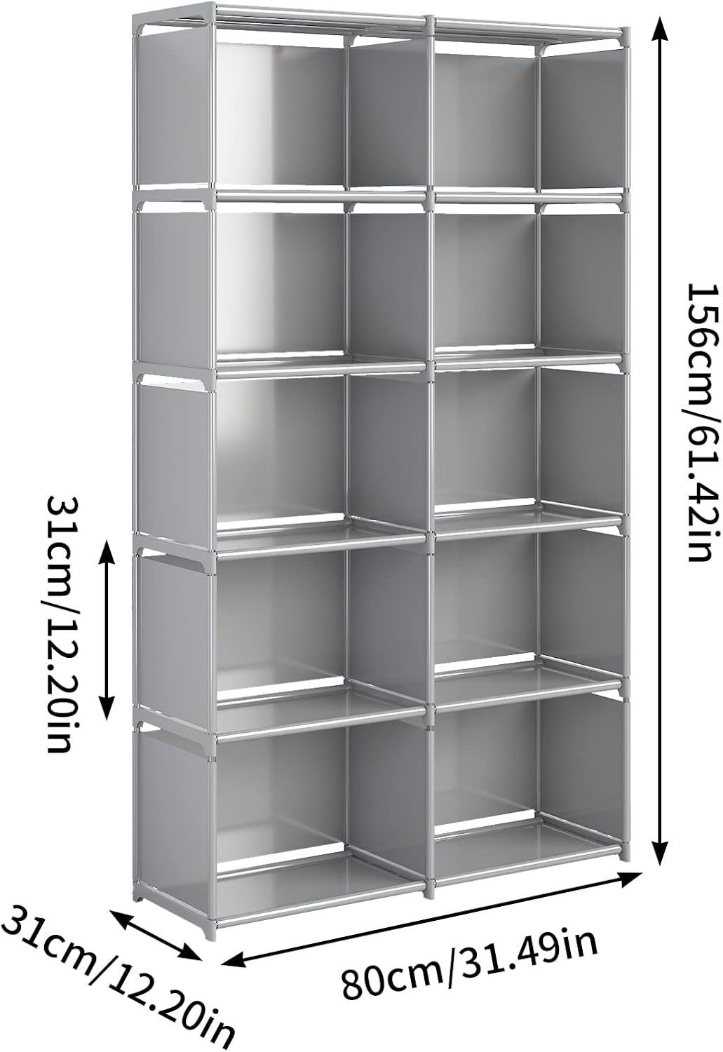 JIUYOTREE 6-Tiers Portable Bookshelf with Fabric Cloth at Back, 10 Cube Closet Storage Organizer Bookcase, Living Room,Study Room,Bedroom, Grey