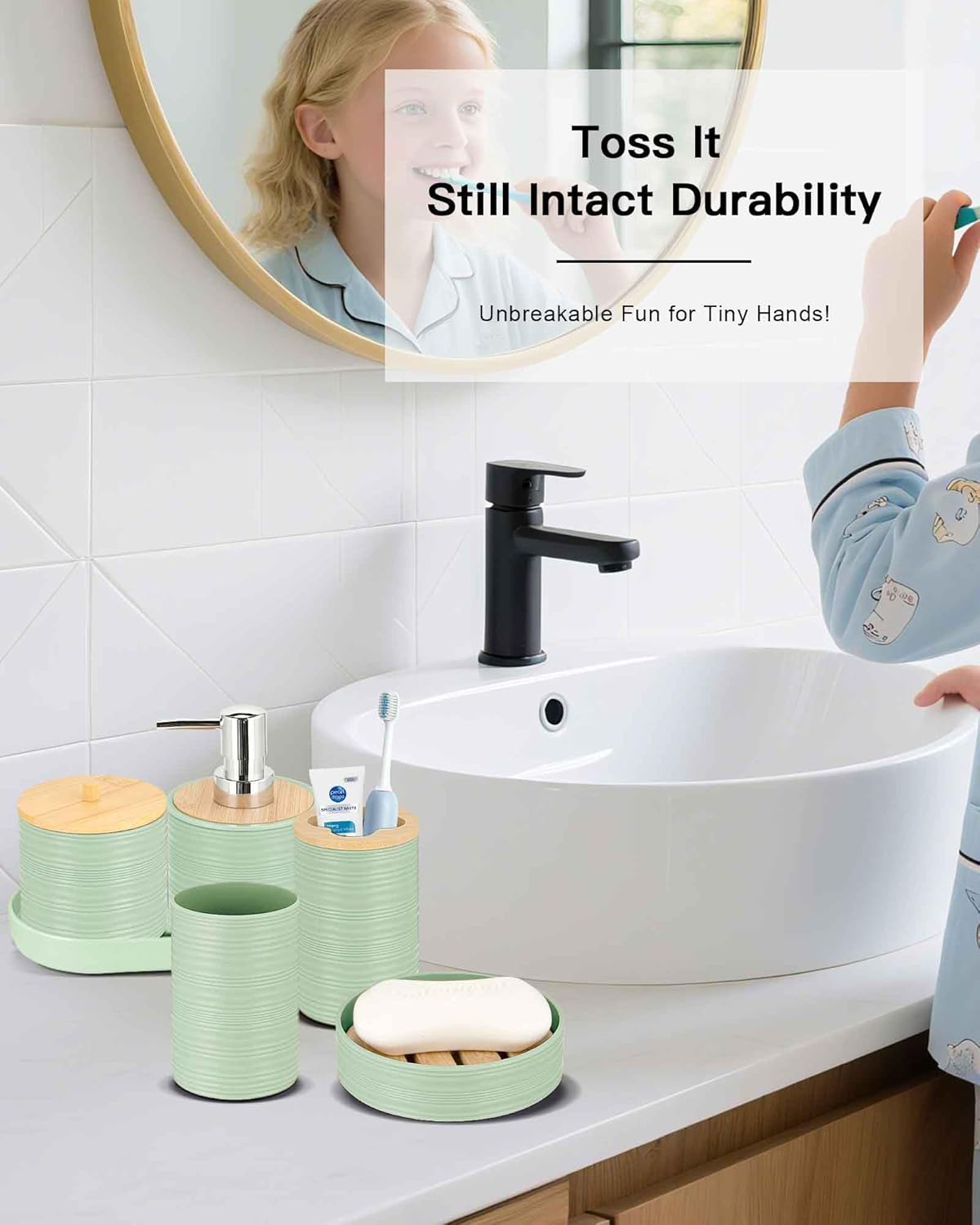 IMAVO Green Bathroom Set,26Pcs Bathroom Accessories Set with Waffle Shower Curtain,Rugs,Trash Can,Tray,Soap Dispenser,Soap Dish,Toothbrush Holder,Toothbrush Cup,Toilet Brush Holder and Qtip Holders