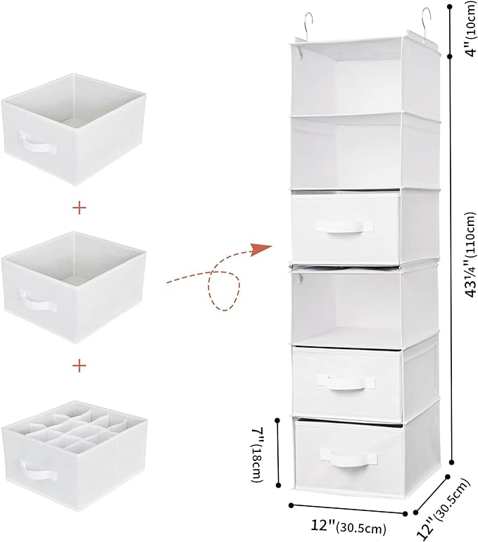 GRANNY SAYS 6-Shelf Hanging Organizer for Closet, Separable to 2 Pack 3-Shelf Hanging Shelves, Organization and Storage with 3 Different Drawers, 4 Side Pockets, White, 1-Pack