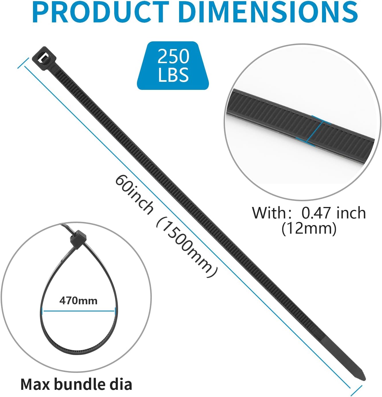 20PCS 60 inch Cable Zip Ties Heavy Duty 250Lbs Tensile Strength Nylon Long Wire Ties Self-Locking Durable Plastic Tie Wraps for Indoor and Outdoor UV Resistant(White)