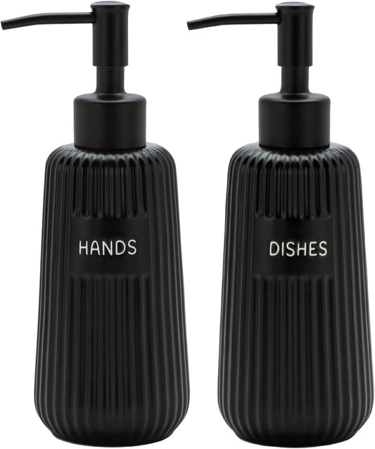 Kitchen Soap Dispenser Set with Stainless Steel Pump and Funnel, Modern Ceramic Refillable Hand and Dish Soap Dispenser Set for Kitchen, Bathroom, Office, Hotel, Matte Black