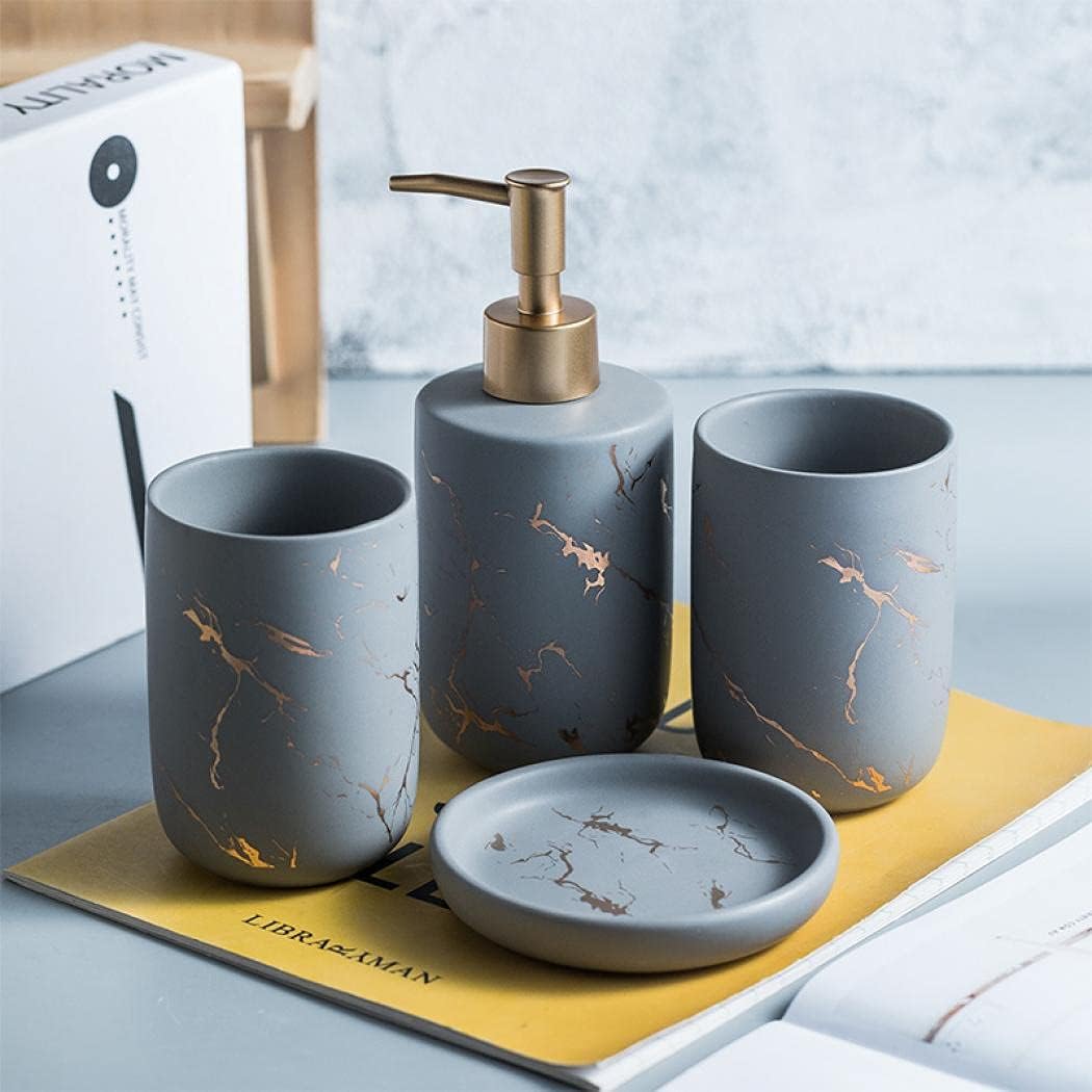 Ceramics Creative Golden Black Marble Pattern Marble Bathroom Accessories Set,3 Pieces Include Soap Dispenser, Tumblers,Soap Dish,4 Pieces Set Bathroom Accessories (Gray（Four Piece）)