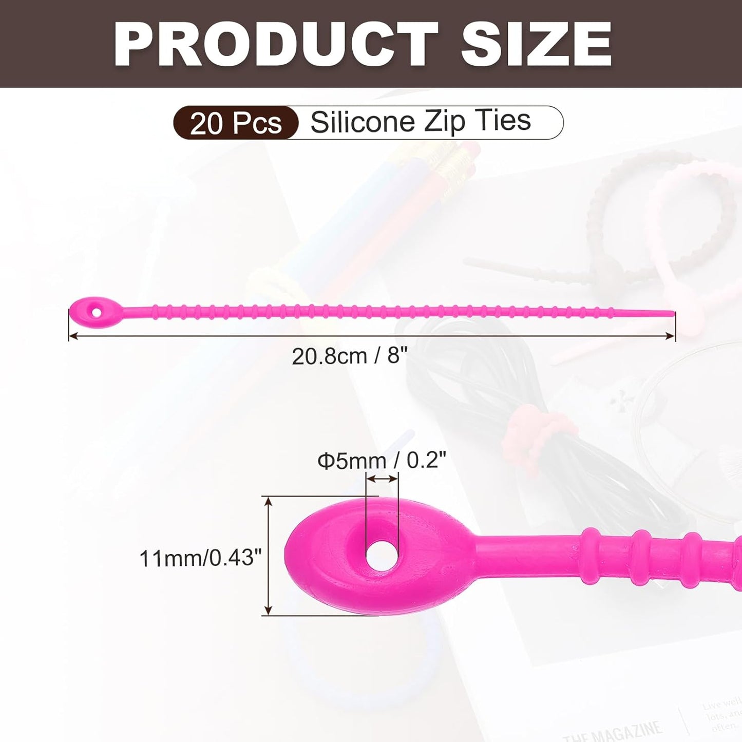 PATIKIL 8 Inch Silicone Cable Ties, 20pcs Rubber Reusable Twist Zip Ties Organizer for Home Office Kitchen Food bags Wires Adjustable Bag Clip, Rose Red