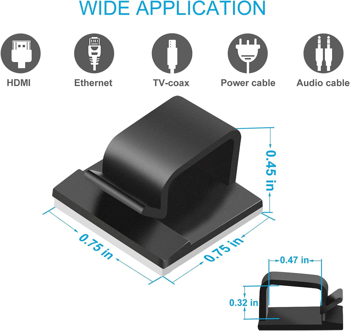 Large Adhesive Cable Clips (45 PCS, Black), Upgraded Wire Clips For Electric Wires, Cord Clips Adhesive Wire Holders For Cable Management Under Desk, Car, Wall, Extension Cord, Ethernet Cable, TV-Coax