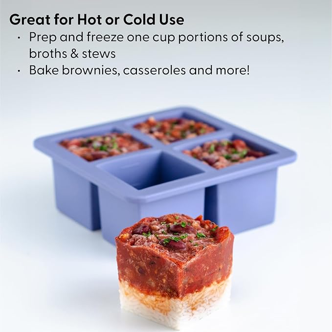 W&P Cup Cubes Silicone Freezer Tray with Lid, Blue, Makes 4 Perfect 1-Cup Portions, Freeze & Store Soup, Broth, Sauce, Leftovers, Dishwasher Safe, 4-Cup