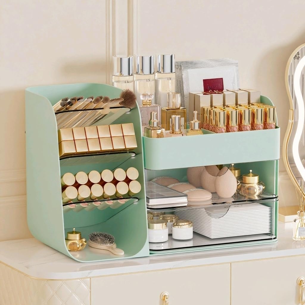 Makeup Organizer with 2 M Drawers & Brush Holders - Cosmetic Storage Case for Vanity, Bathroom Countertop & Desk - Skincare & Office Supplies Organizer (Green, M)