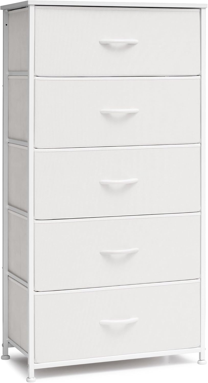 Crestlive Products Tall Dresser for Bedroom Vertical Storage Tower - Wide Fabric Dresser & Chests of Drawers for Closet, Hallway, Entryway w/Wood Top, Easy Pull Fabric Bins - 5 Drawers(White)