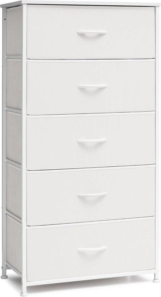 Crestlive Products Tall Dresser for Bedroom Vertical Storage Tower - Wide Fabric Dresser & Chests of Drawers for Closet, Hallway, Entryway w/Wood Top, Easy Pull Fabric Bins - 5 Drawers(White)