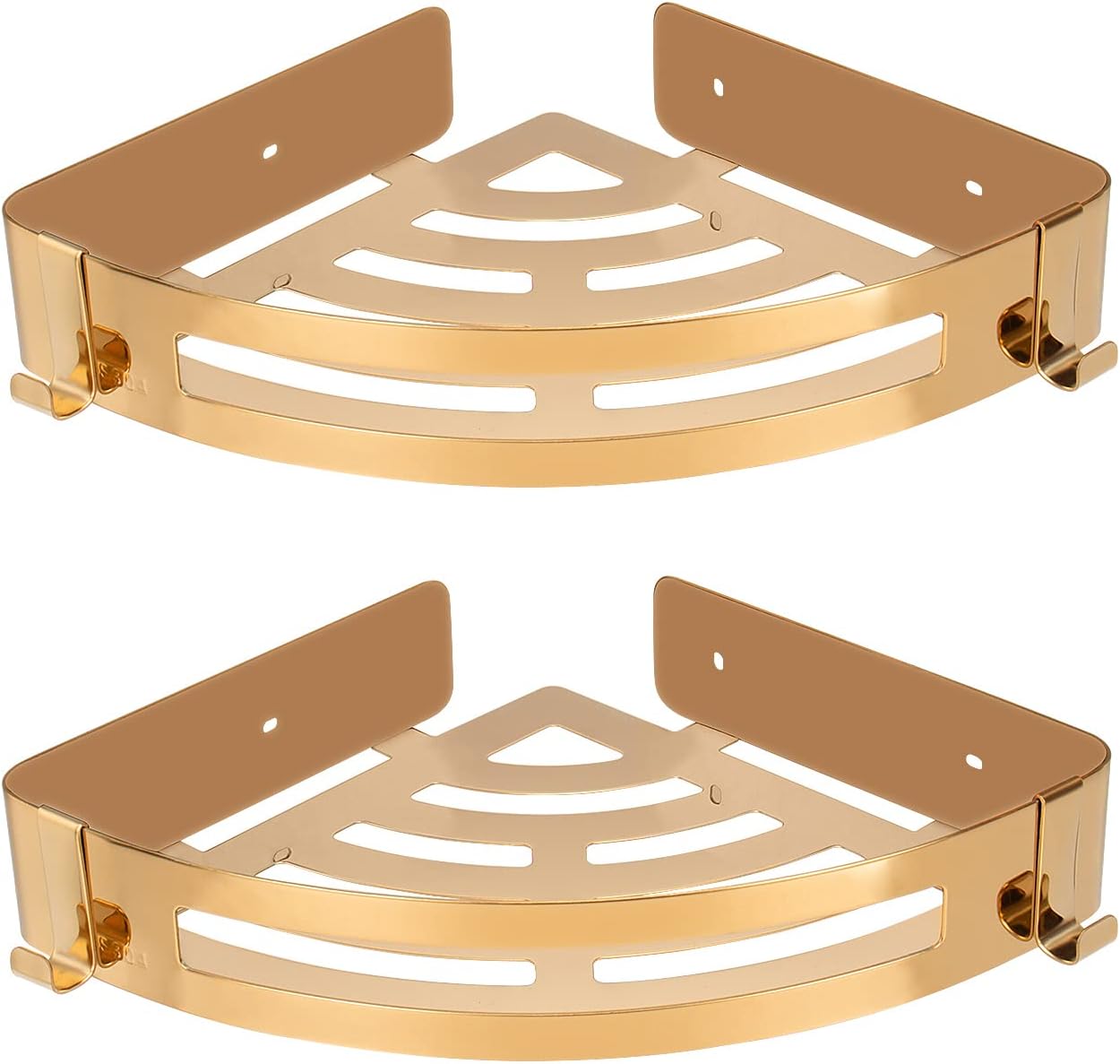 NearMoon Bathroom Shower Caddy 2 Pack, No Drill 304 Stainless Steel Shower Organizer with 2 Hooks (Corner Shelf, Gold)