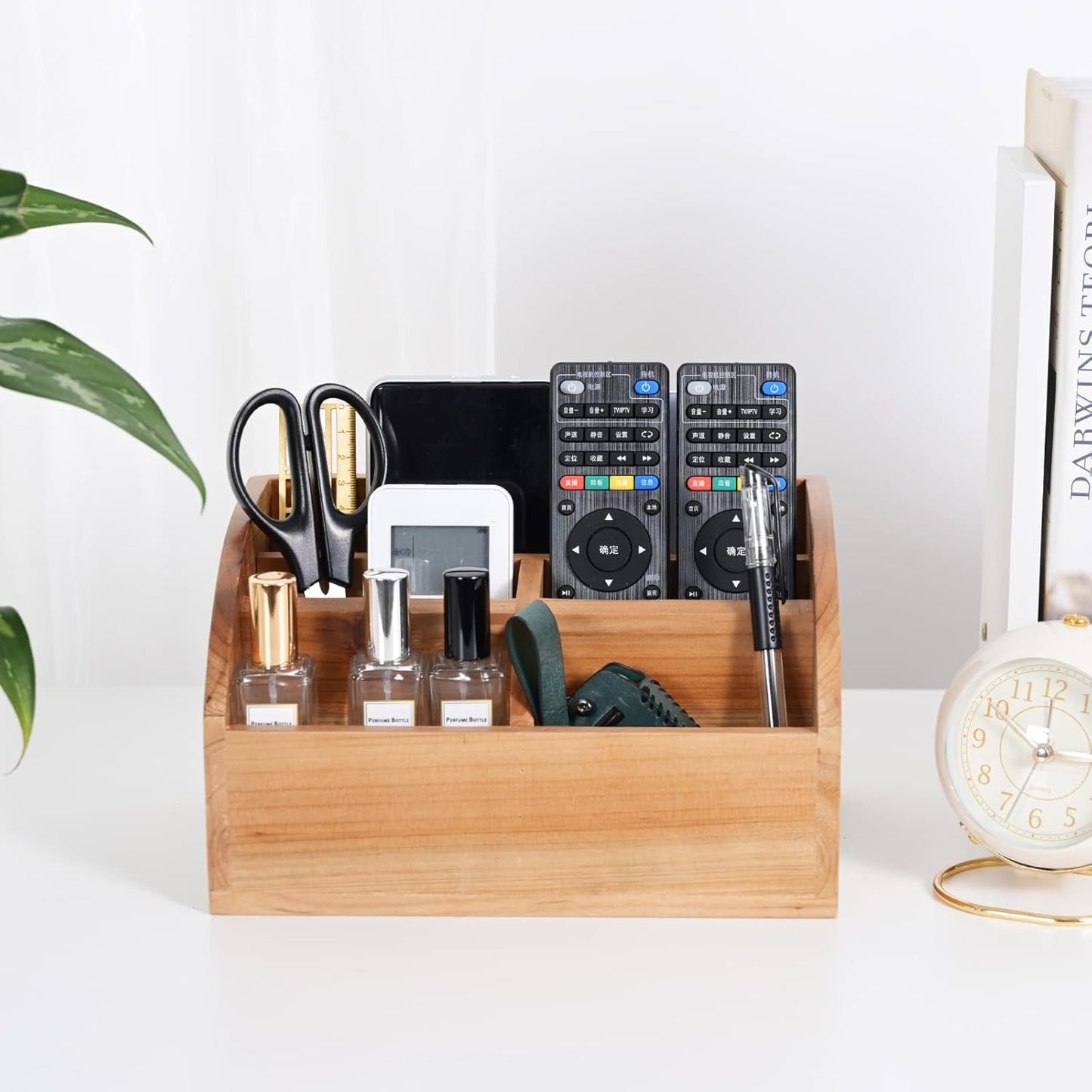 BONNY DODO Remote Control Holders Organizer Box for Table Small Solid Wooden Desk Farmhouse Home Decor Caddy Basket Store ipad for Media Player,Pencil,Glassees&Office Supplies (Wood-M, M)