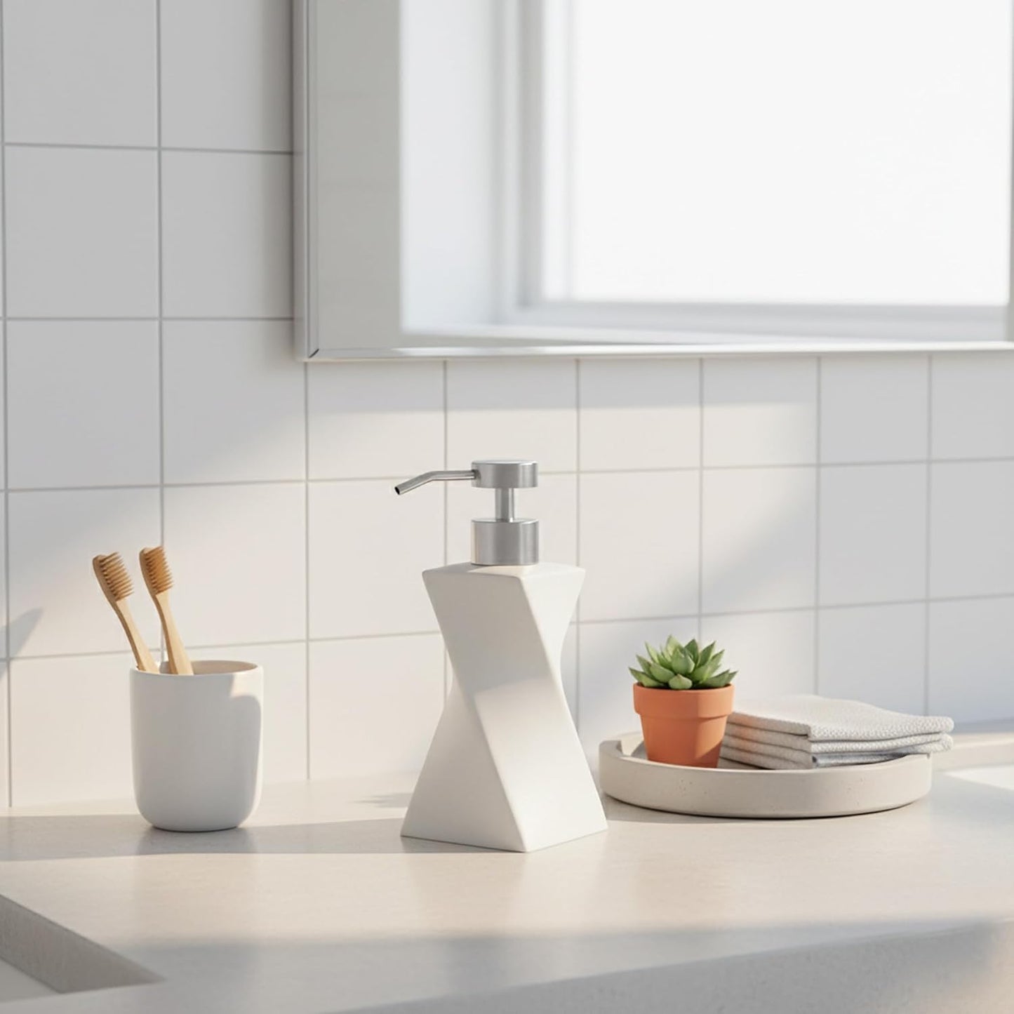 Modern White Twisted Soap Dispenser with Stainless Steel Pump for Bathroom and Kitchen, Contemporary Art Style, Matte Finish, Geometric Design, 8.5oz (Arctic White)