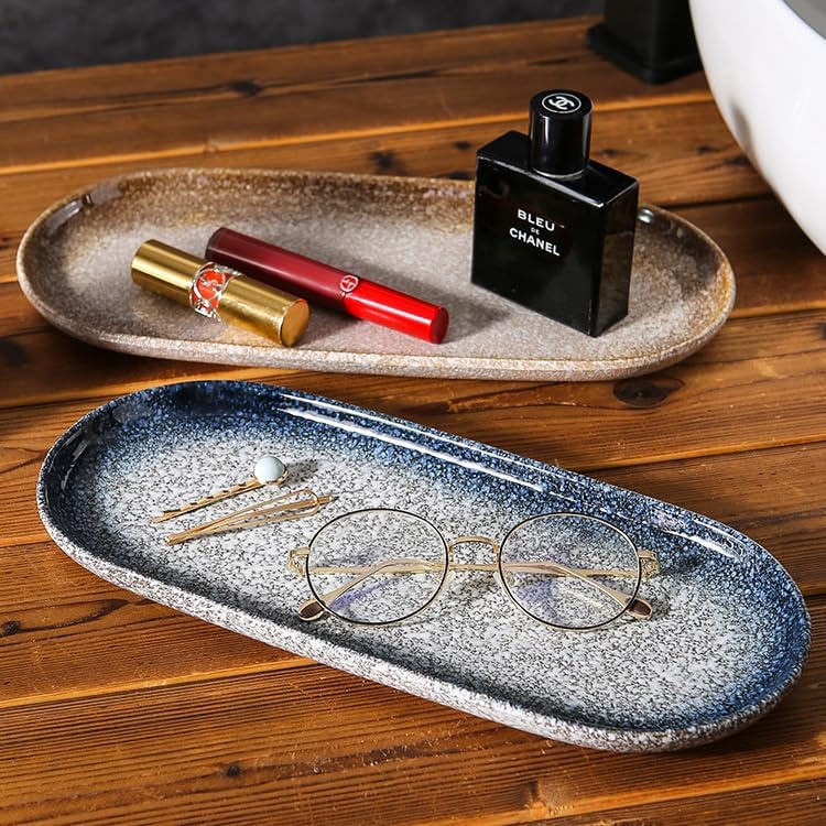 Large Ceramic Bathroom Vanity Tray, 10" Decorative Tray for Countertop, Soap Dispenser Tray for Kitchen Sink, Countertop Organizer for Jewelry, Cosmetics, Candles, Lotion and Perfume (Blue)