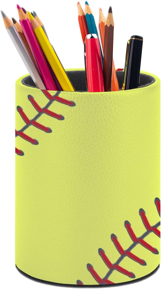 Softball Pen Holder Pencil Organizer Cute Pencil Cup Desk Decor Makeup Brush Holder PU Multifunctional Office Suppliesfor Home Classroom School