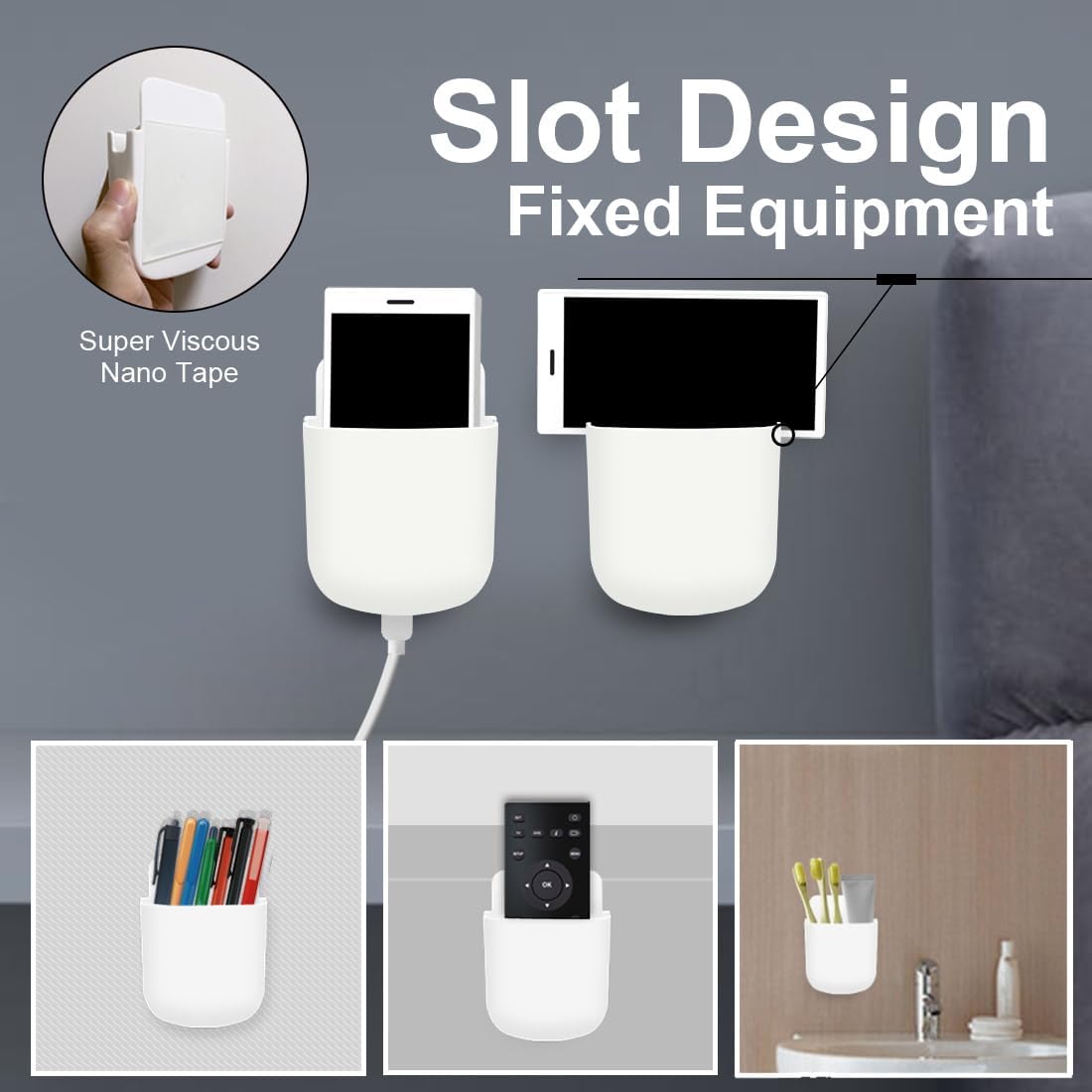 Remote Control Holder Wall Mount Set, Office Supplies Supply Organizer, Bedside Audio-Video Remote Control Shelving, with Self Adhesive Caddy Storage Box, White Wall Phone Stand Mail Sorters
