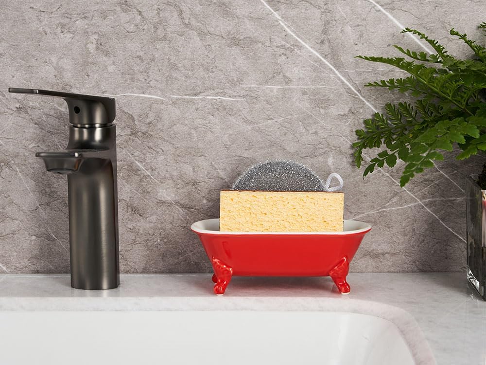 6.5" Ceramic Mini Decorative Clawfoot Bathtub Bar Soap Dish, Kitchen Sponge Holder and Shower Tray for Bathroom, 1 Pack(Chili)