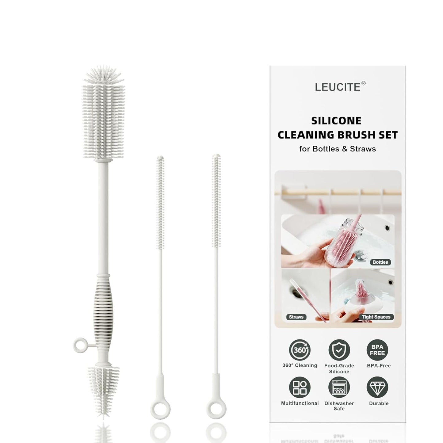 Silicone Cleaning Brush Kit,Water Bottle and Straw Cleaner Brush Set for Tumbler,Baby Bottle,Breast Pump Part,Nipple,Sippy Cup,Glass,Dishwasher Safe,BPA Free,3 Pcs