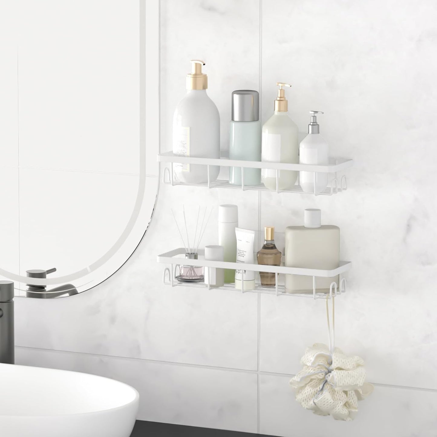 Shower Caddy Organizer with Hooks,Self Adhesive Bathroom Shelves,No Drilling Bathroom Organizers and Storage,Perfect for RV, Apartment, Home Decor,2 Pack White