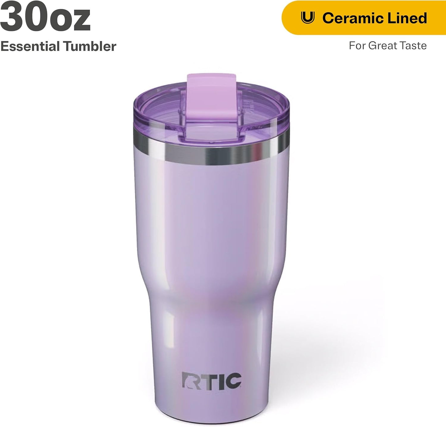 RTIC 30oz Essential Tumbler with Lid, Ceramic Lined, Insulated, Stainless Steel, Metal, Double Wall Vacuum-Insulation, Travel Cup for Iced Coffee, Tea, Hot and Cold Drink, Lavender Glitter