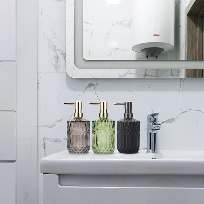 Glass Soap Dispenser 12oz/390ml for Bathroom Kitchen - Hand Soap/Lotion Dispenser With ABS Plastic Pump, Clear Grey