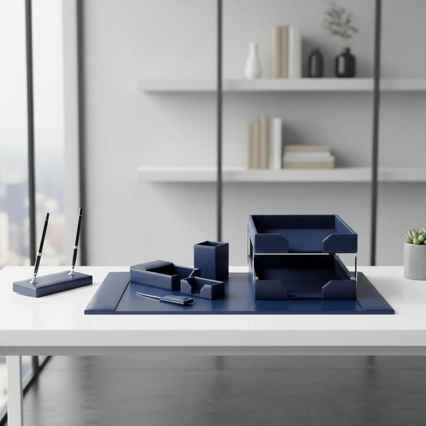 Dacasso Navy Blue Bonded Leather 9-Piece Desk Set (D5009)