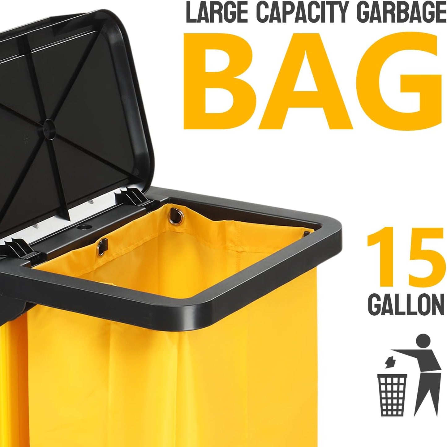 TUFFIOM Janitorial Cart with Key-Locking Cabinet, 3-Shelf Commercial Cleaning Cart, Housekeeping Caddy with Locker,Wheeled with Yellow Vinyl Bag, Black, Great for Hotel, Stores, Schools, and Business