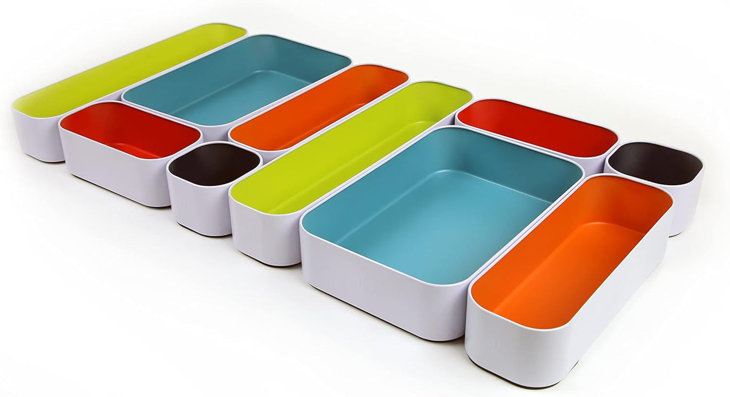Three by Three Seattle 10 Piece Metal Organizer Tray Set for Storing Makeup, Stationery, Utensils, and More in Office Desk, Kitchen and Bathroom Drawers (2 Inch, Assorted Colors)