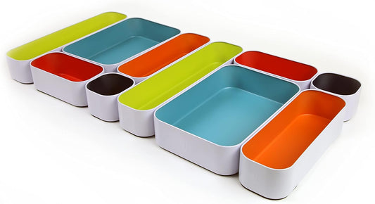 Three by Three Seattle 10 Piece Metal Organizer Tray Set for Storing Makeup, Stationery, Utensils, and More in Office Desk, Kitchen and Bathroom Drawers (2 Inch, Assorted Colors)