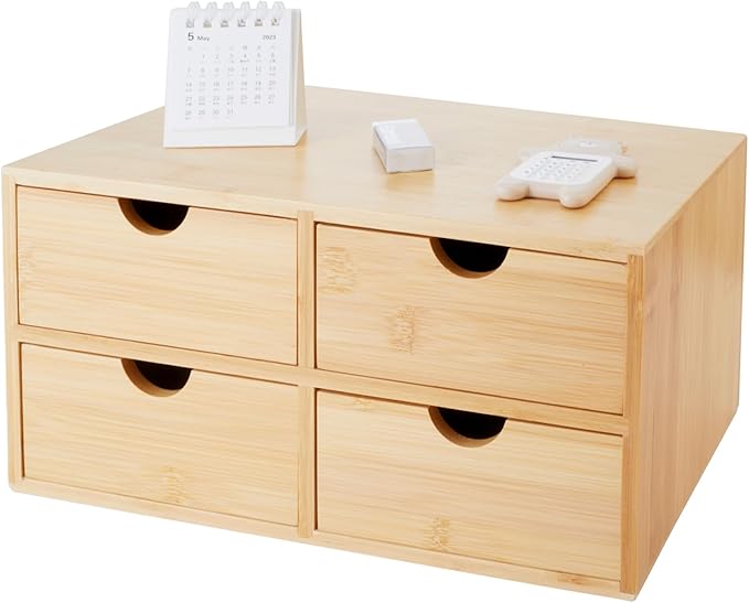 Bamboo Desk Organizer 4 Drawers, Countertop Organizer with Drawers Makeup Storage Drawer 4 Drawers Tabletop Storage Organization Box Home Office Workspace