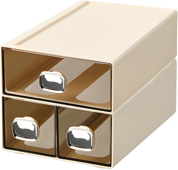 Spacious Desk Drawers, Stackable Desktop Organizer, Plastic Storage Box for Office, School & Home Supplies (1 Middle & 2 Small Drawers, Cream)