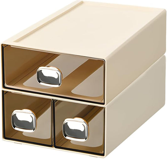 Spacious Desk Drawers, Stackable Desktop Organizer, Plastic Storage Box for Office, School & Home Supplies (1 Middle & 2 Small Drawers, Cream)