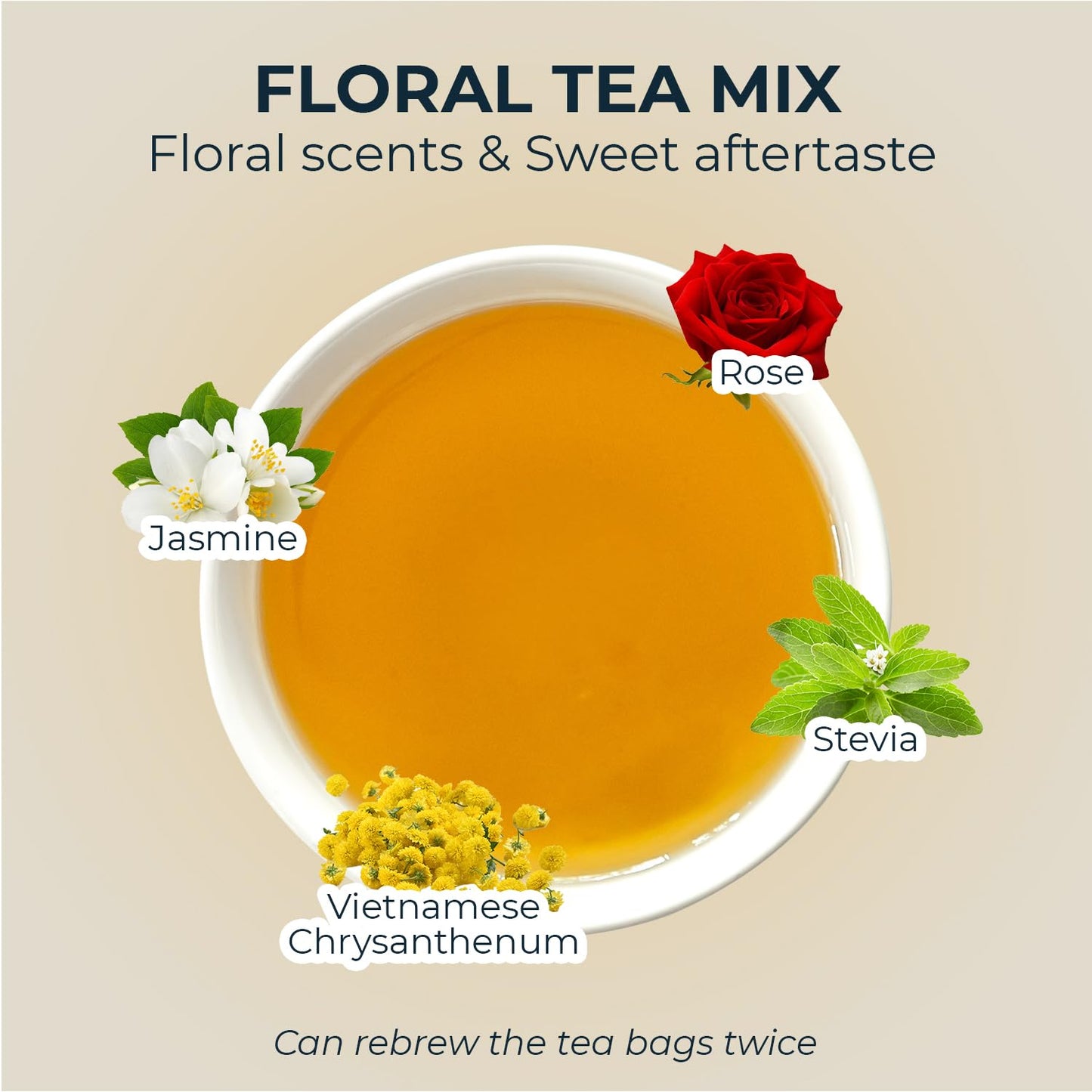 Rose Tea, Re-Steep Chrysanthemum, Jasmine & Stevia Herbal Tea - 55 Count (+5 Tea Bags) Bamboo Tong Included - 4.37 oz, Relax,Support, Up Mood, Appearance Detox