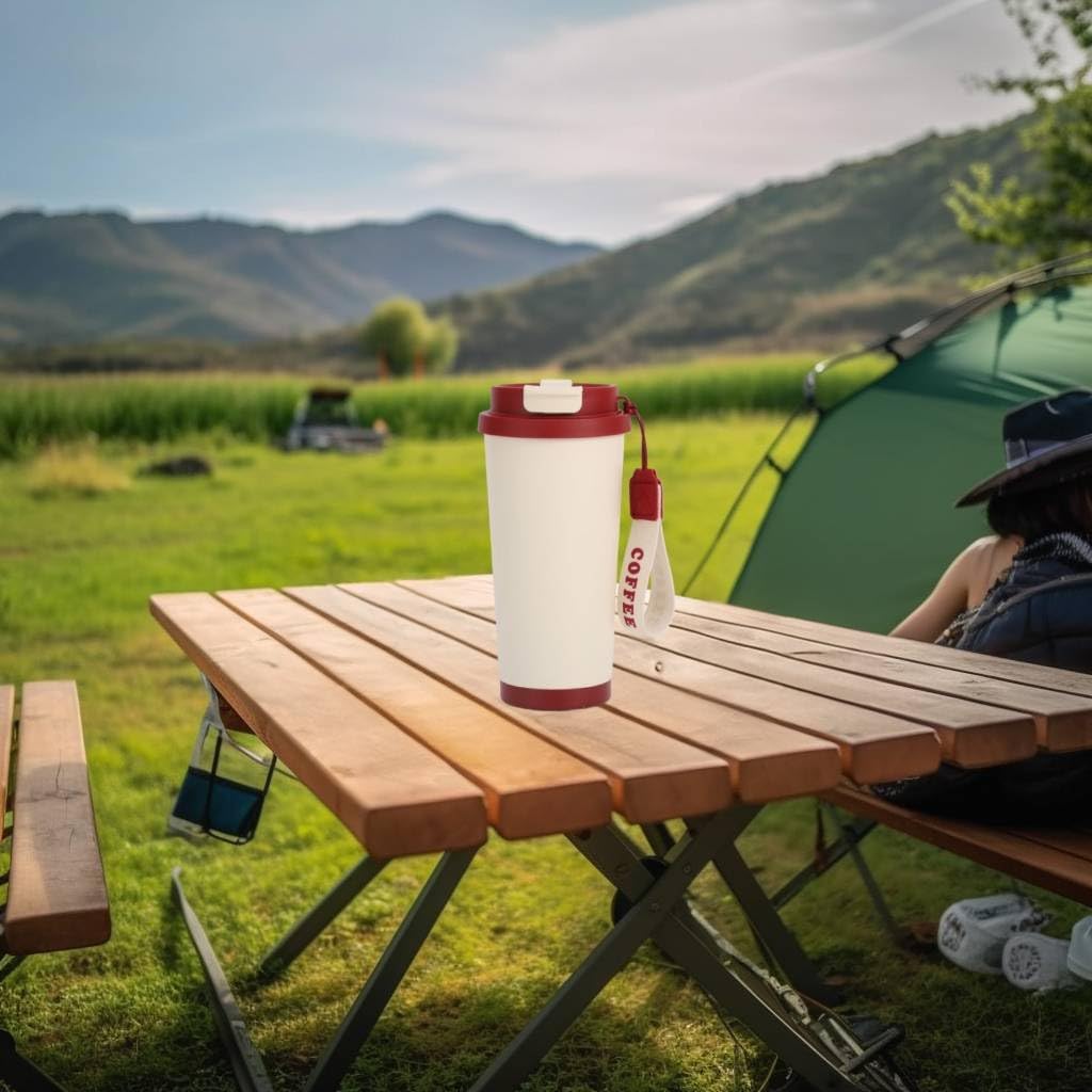 18 oz Insulated Coffee Mug with Straw and Lid, Durable Stainless Steel Coffee Cups with Strap, Reusable Iced&Hot Coffee Tumbler,Portable Coffee Travel Mug for Car, Camping(Retro Red)