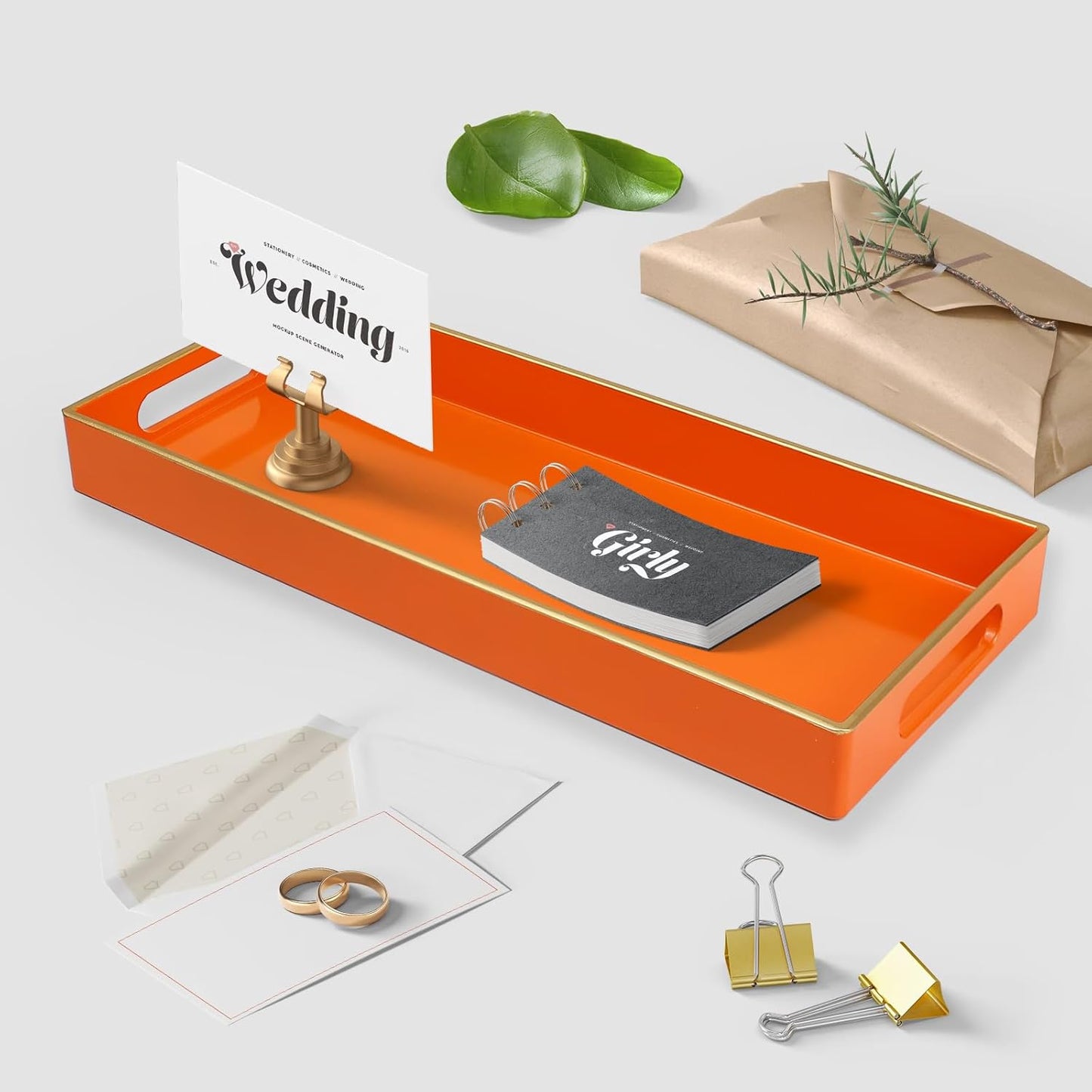 Orange Bathroom Vanity Tray for Countertop, Small Plastic Toilet Tank Versatile Storage & Organization Tray for Makeup, Perfume, Desk, Kitchen, Candles, 13.7"x6"x1.4", 35O