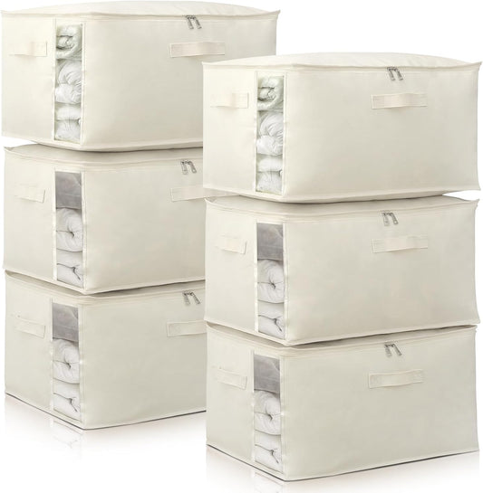 Canvas Comforters Bags Closet Organizers and Storage for Quilts Clothes Organization Containers Bins with Sturdy Zipper, Clear Window 75L for Sweaters Blankets Storage Bedroom Collapsible 6Pack