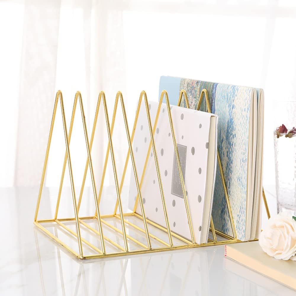 Sooyee 9 Slot Gold Magazine Holder,Desktop File Sorter Organizer Triangle Bookshelf Decor Home Office